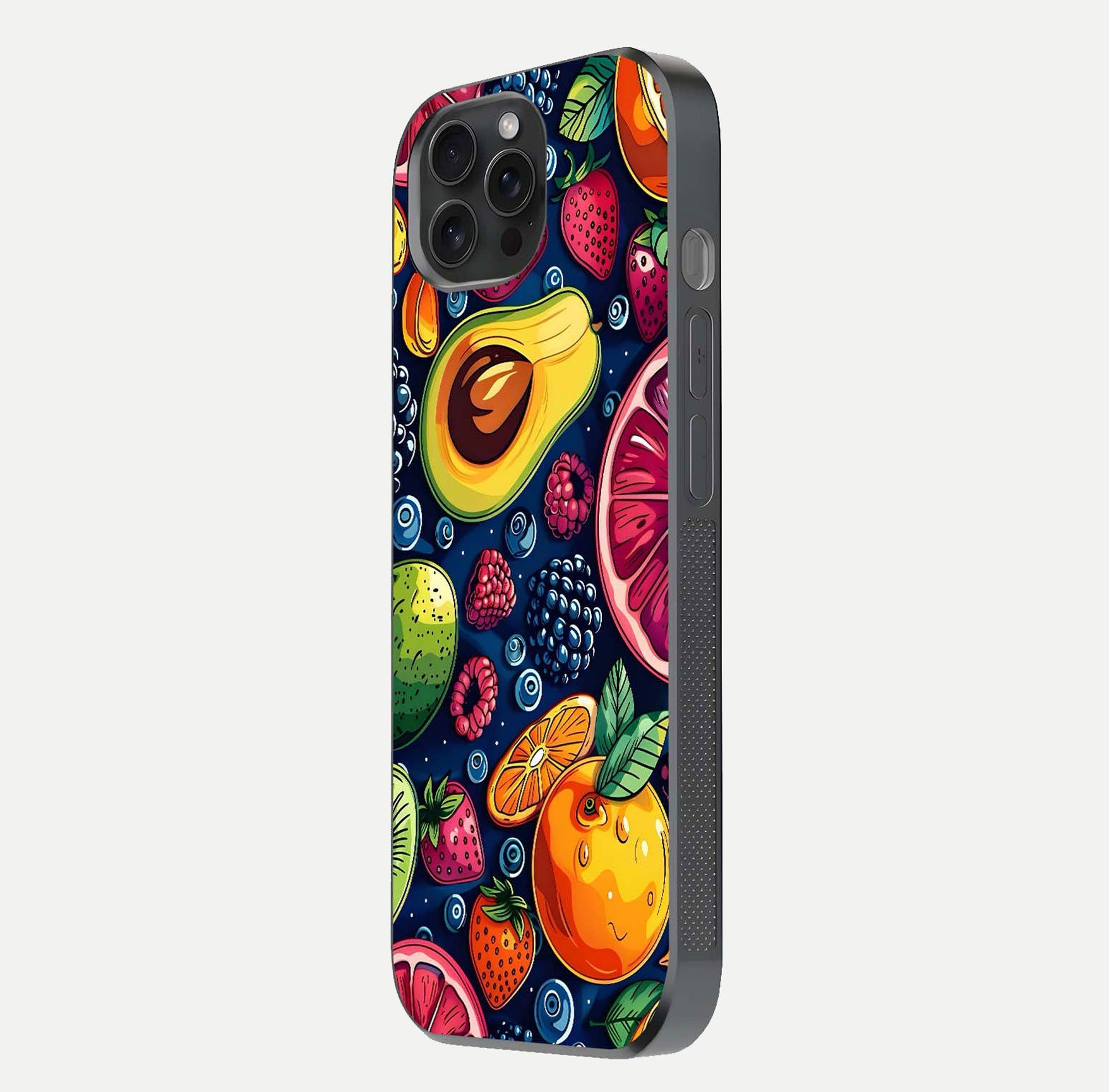 Cute Fruits Art Glass Case for iPhone 15 Pro side-angle photo showing reflective finish and smooth edges