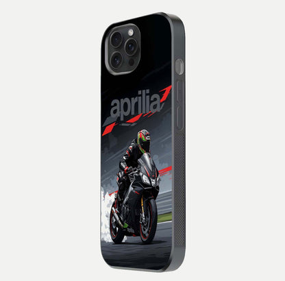 Dark Aprilla Glass Case for iPhone 15 Pro side-angle photo showing reflection gloss and curved edge finish