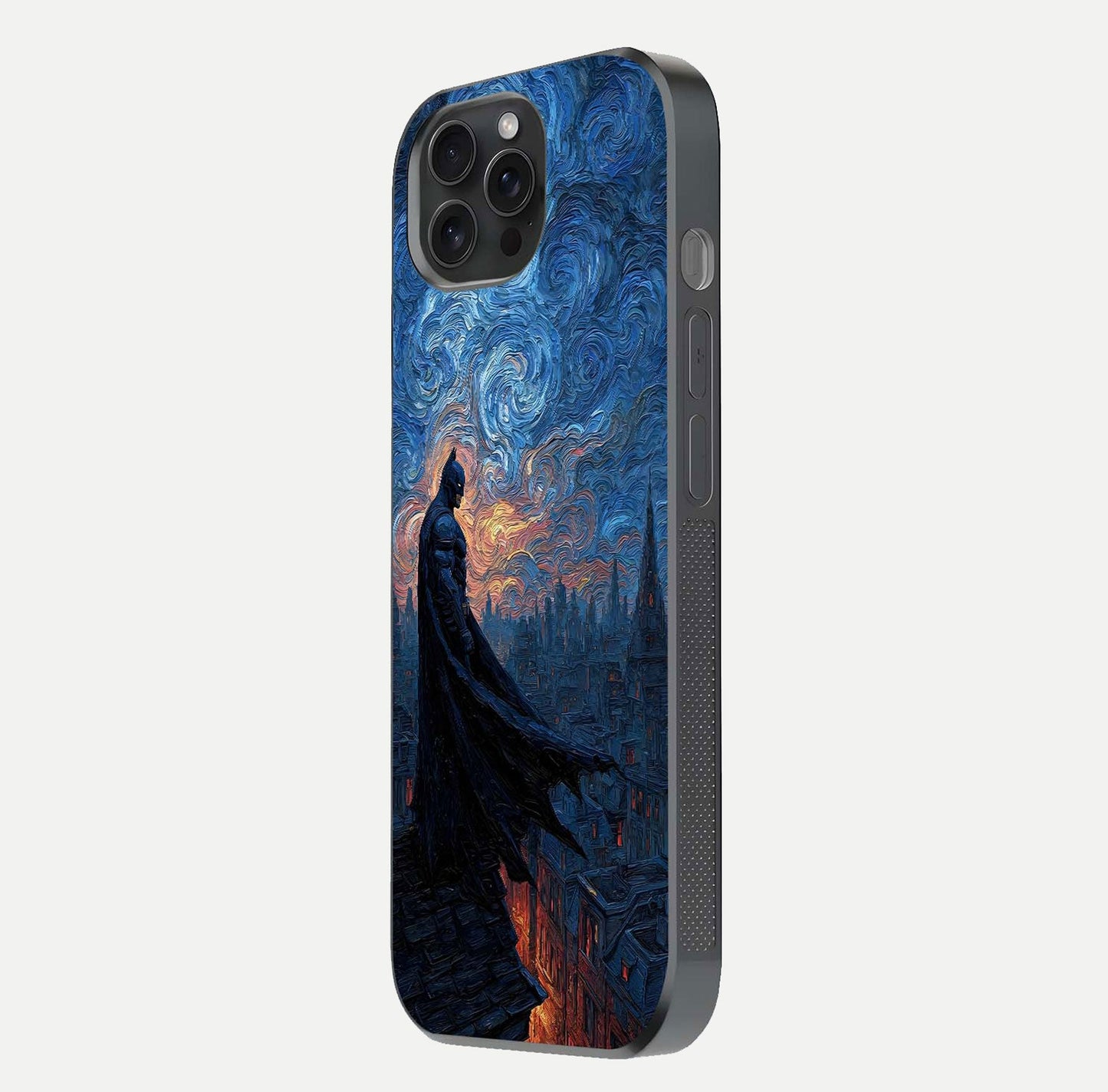 Dark Knight Dusk Glass Case for iPhone 15 Pro side-angle image capturing reflection shine and bold contrast