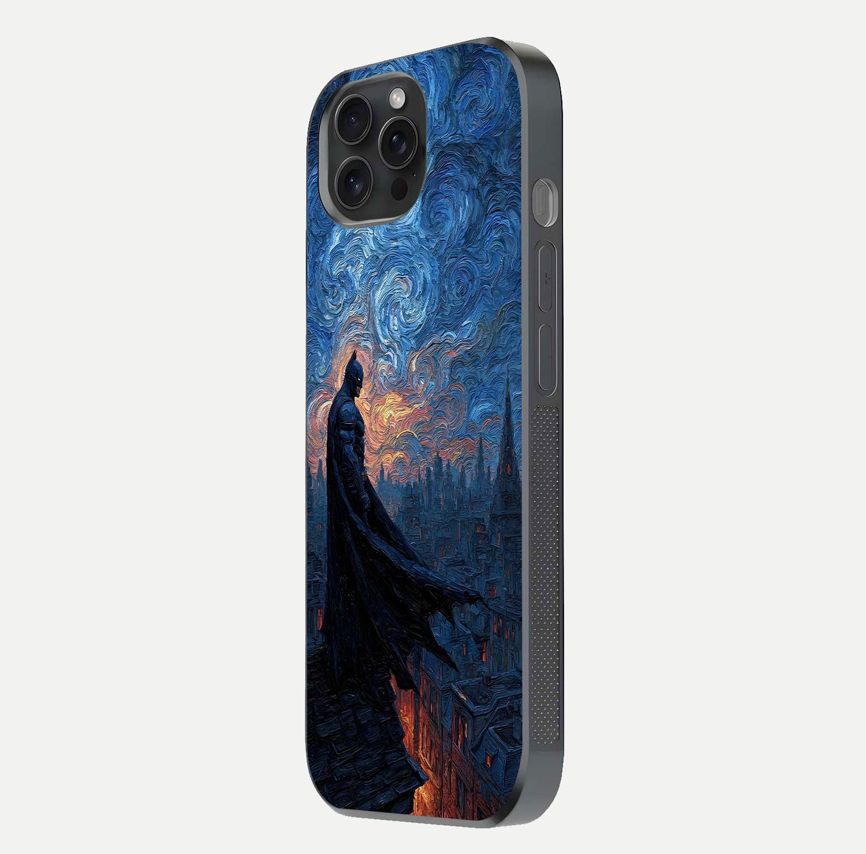 Dark Knight Dusk Glass Case for iPhone 15 Pro side-angle image capturing reflection shine and bold contrast