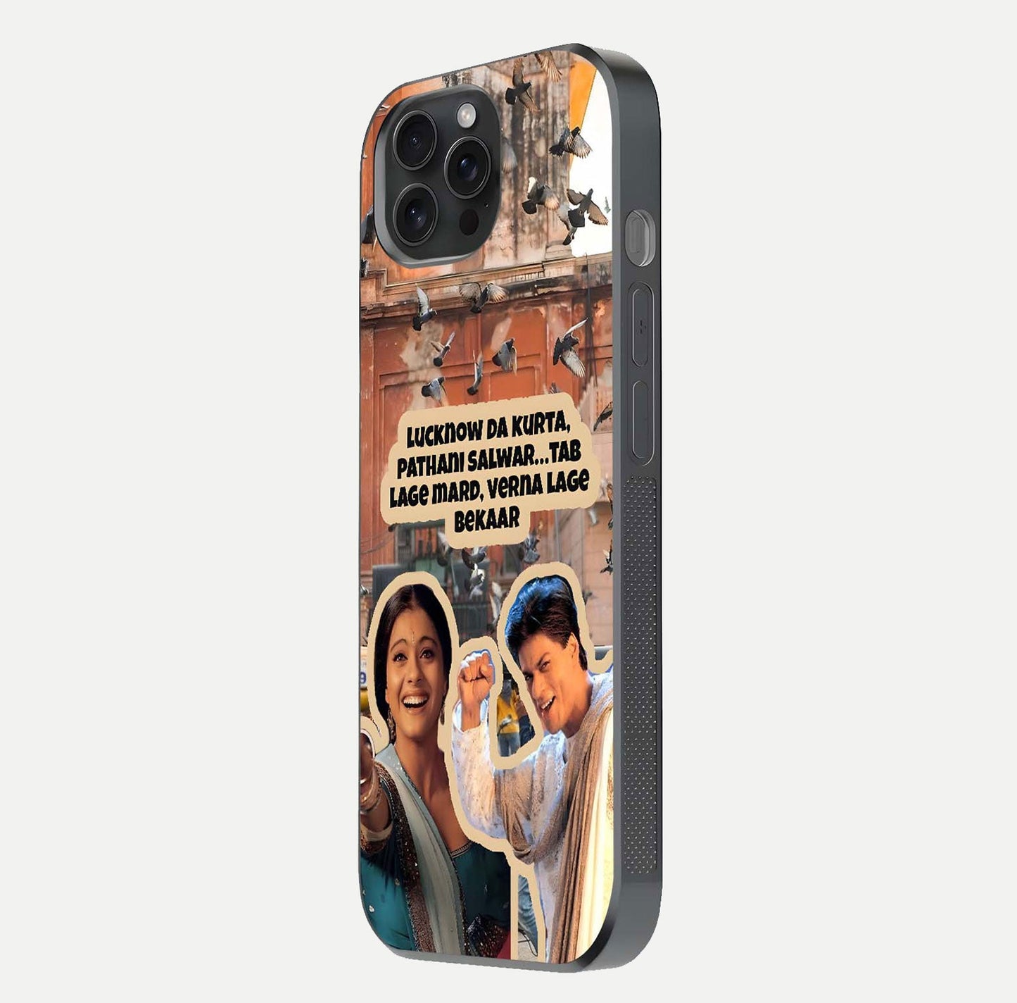 Desi Retro Vibes Glass Case for iPhone 15 Pro side-angle image displaying gloss texture and bold pattern