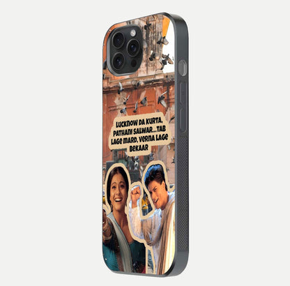 Desi Retro Vibes Glass Case for iPhone 15 Pro side-angle image displaying gloss texture and bold pattern