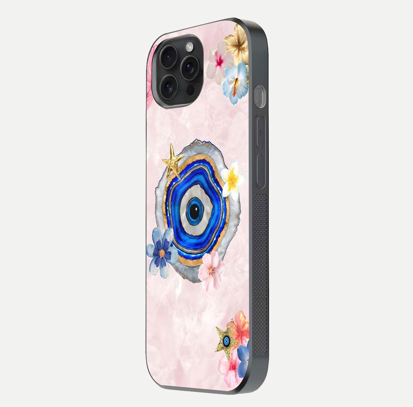 Divine Aura Bloom Glass Case for iPhone 15 Pro side-angle photo capturing reflection glow and premium polish