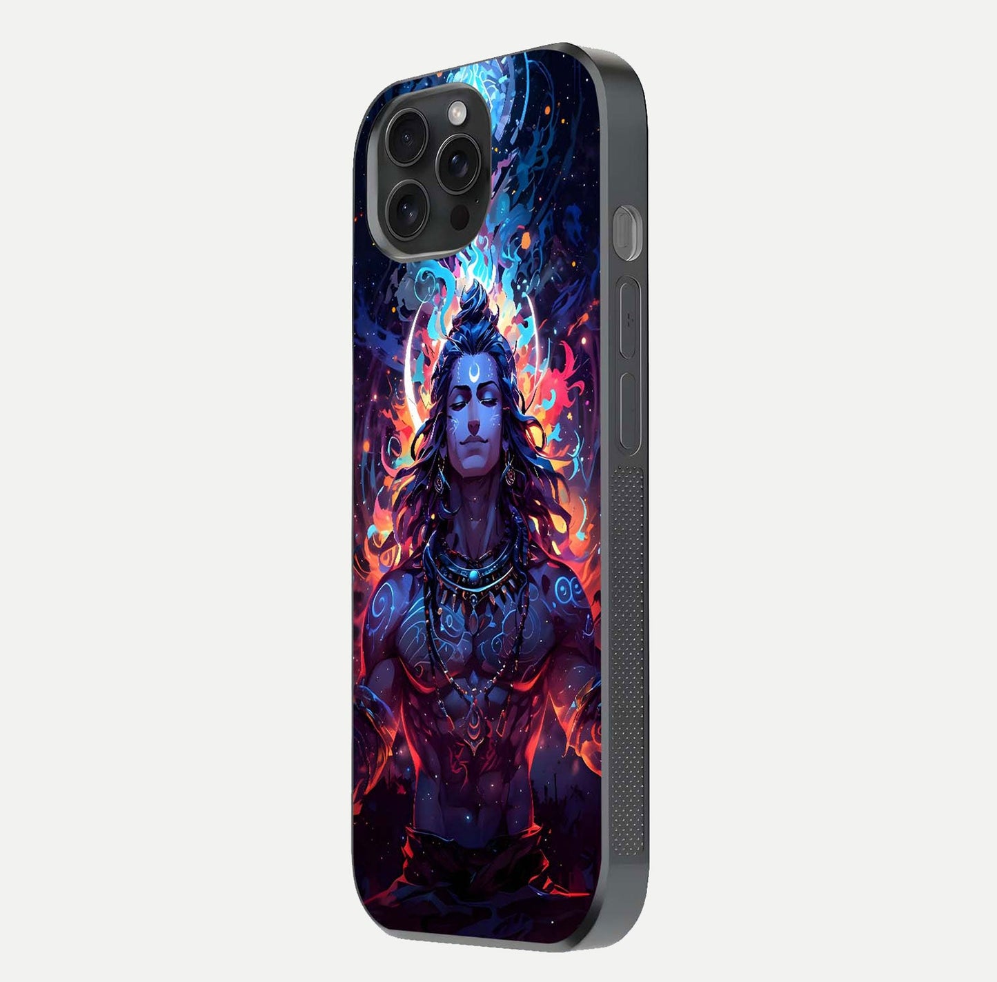 Divine Fire Shiv Glass Case for iPhone 15 Pro side-angle image showing reflection clarity and shine