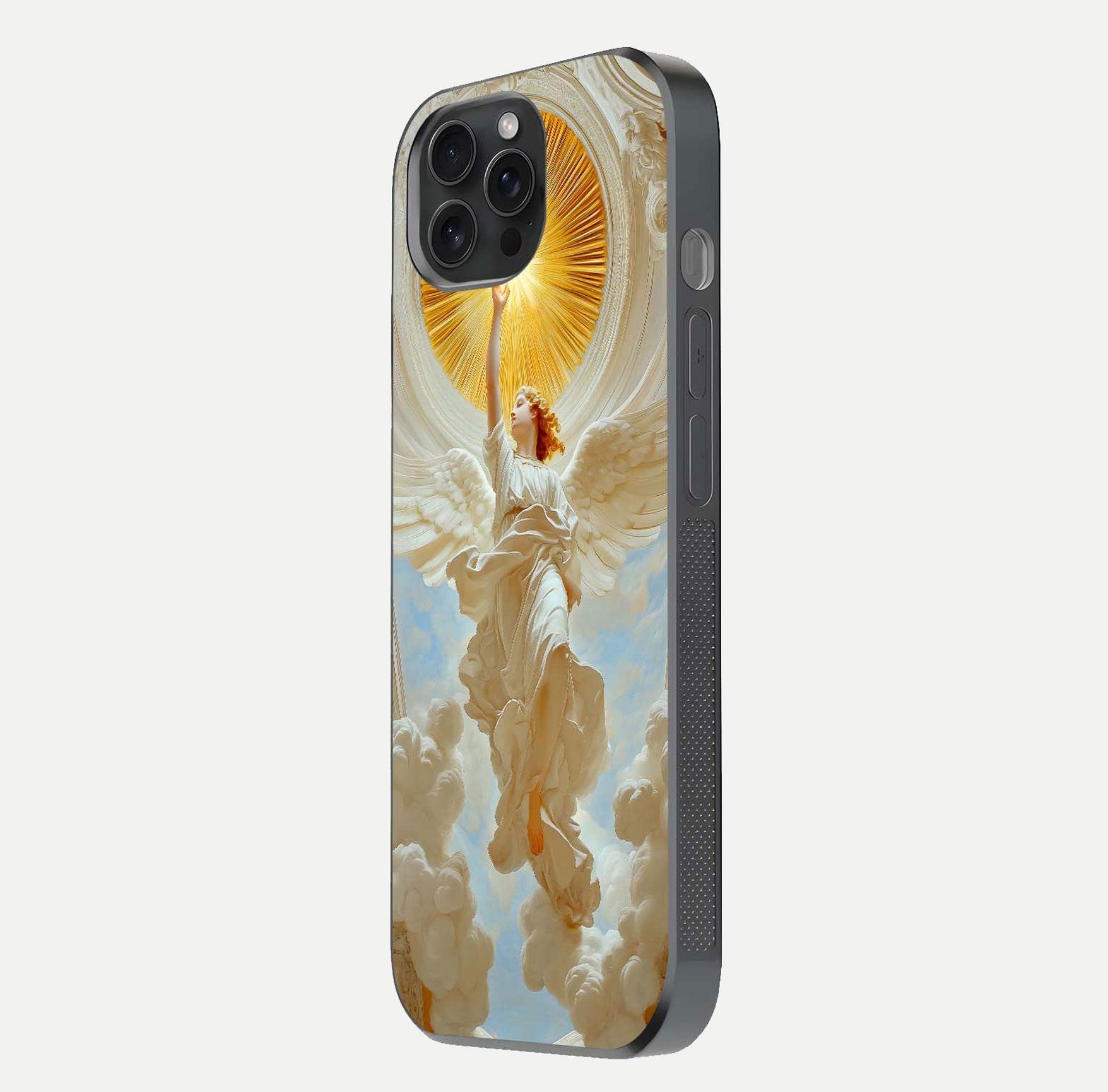 Divine Light Angel Glass Case for iPhone 15 Pro side-angle image capturing reflection shine and edge finish