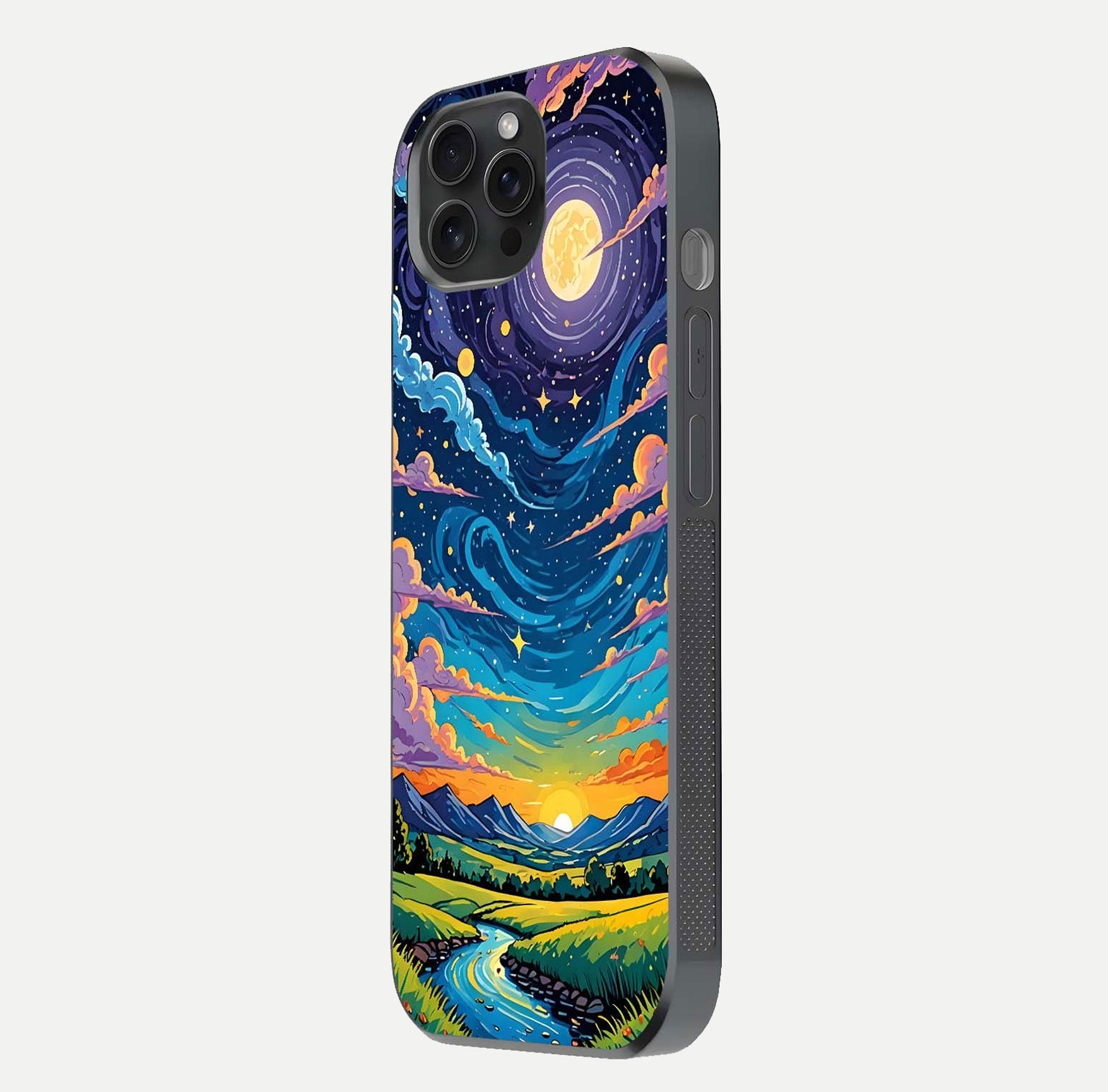 Dreamy Night Landscape Glass Case for iPhone 15 Pro side-angle photo capturing reflection glow and edge detail