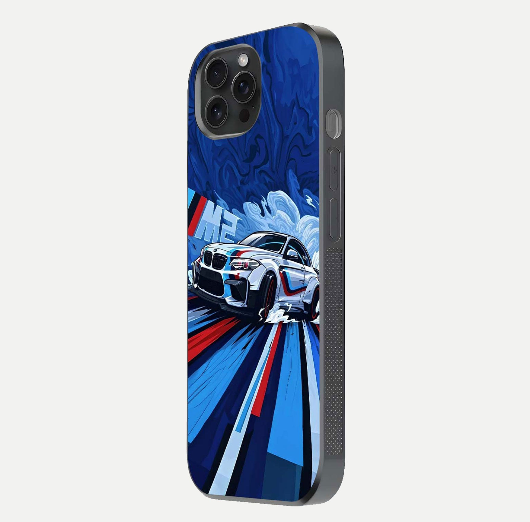 Drift Power Rush Glass Case for iPhone 15 Pro side-angle image capturing reflection glow and smooth curve