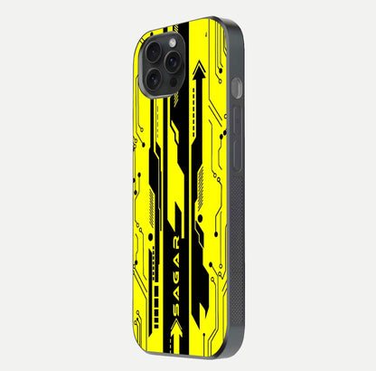 Electric Pulse CYBERPUNK Custom Name Glass Case for iPhone 15 Pro side-angle image showing glossy reflection and edge illumination