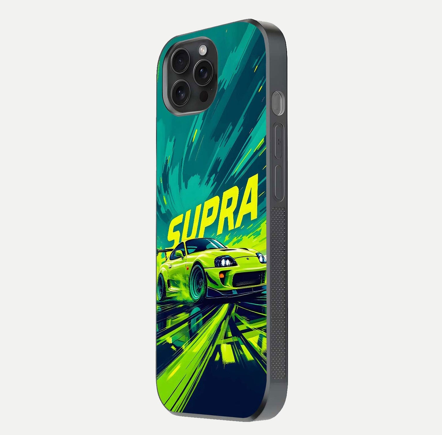 Electric Supra Thunder Glass Case for iPhone 15 Pro side-angle photo showing sleek car outline and reflective shine