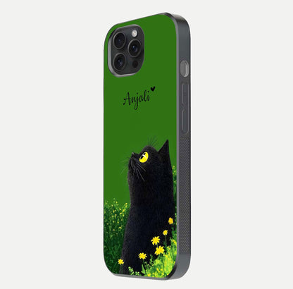 Emerald Cat Custom Name Glass Case for iPhone 15 Pro side-angle photo showing name clarity and glass reflection