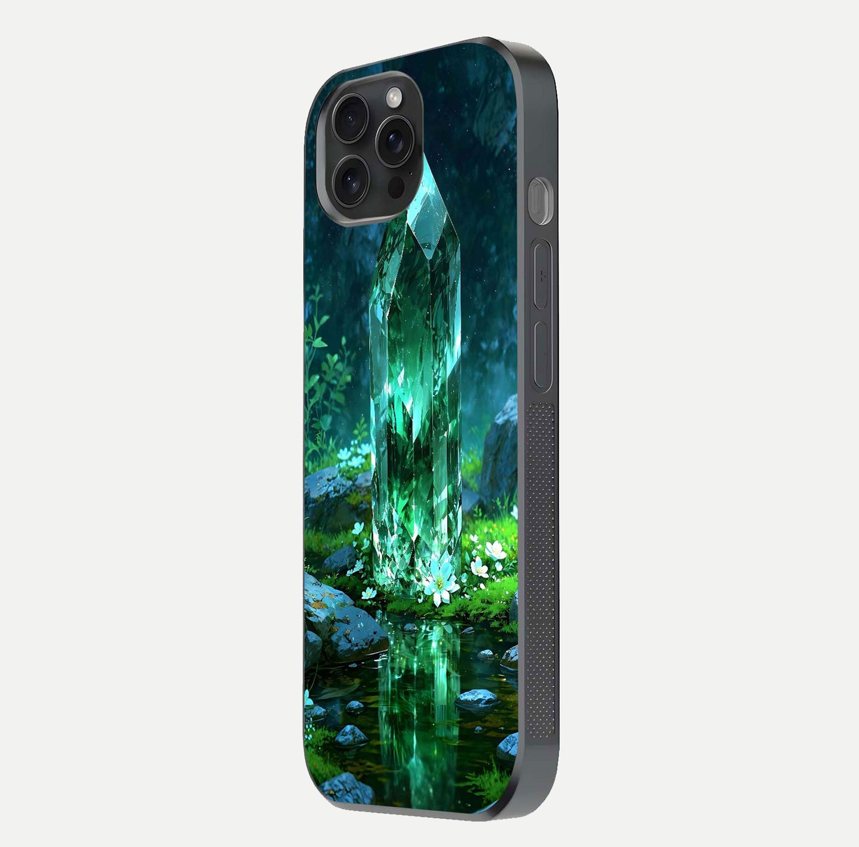 Emerald Light Crystal Glass Case for iPhone 15 Pro side-angle image showing gloss reflection and curved border
