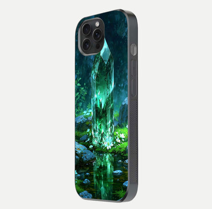 Emerald Light Crystal Glass Case for iPhone 15 Pro side-angle image showing gloss reflection and curved border