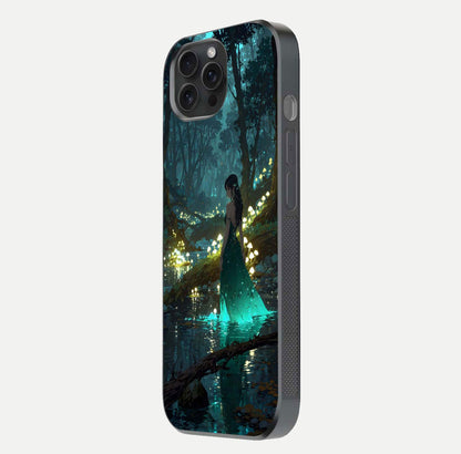 Enchanted Forest Glow Glass Case for iPhone 15 Pro side-angle image capturing shine reflection and rich detail