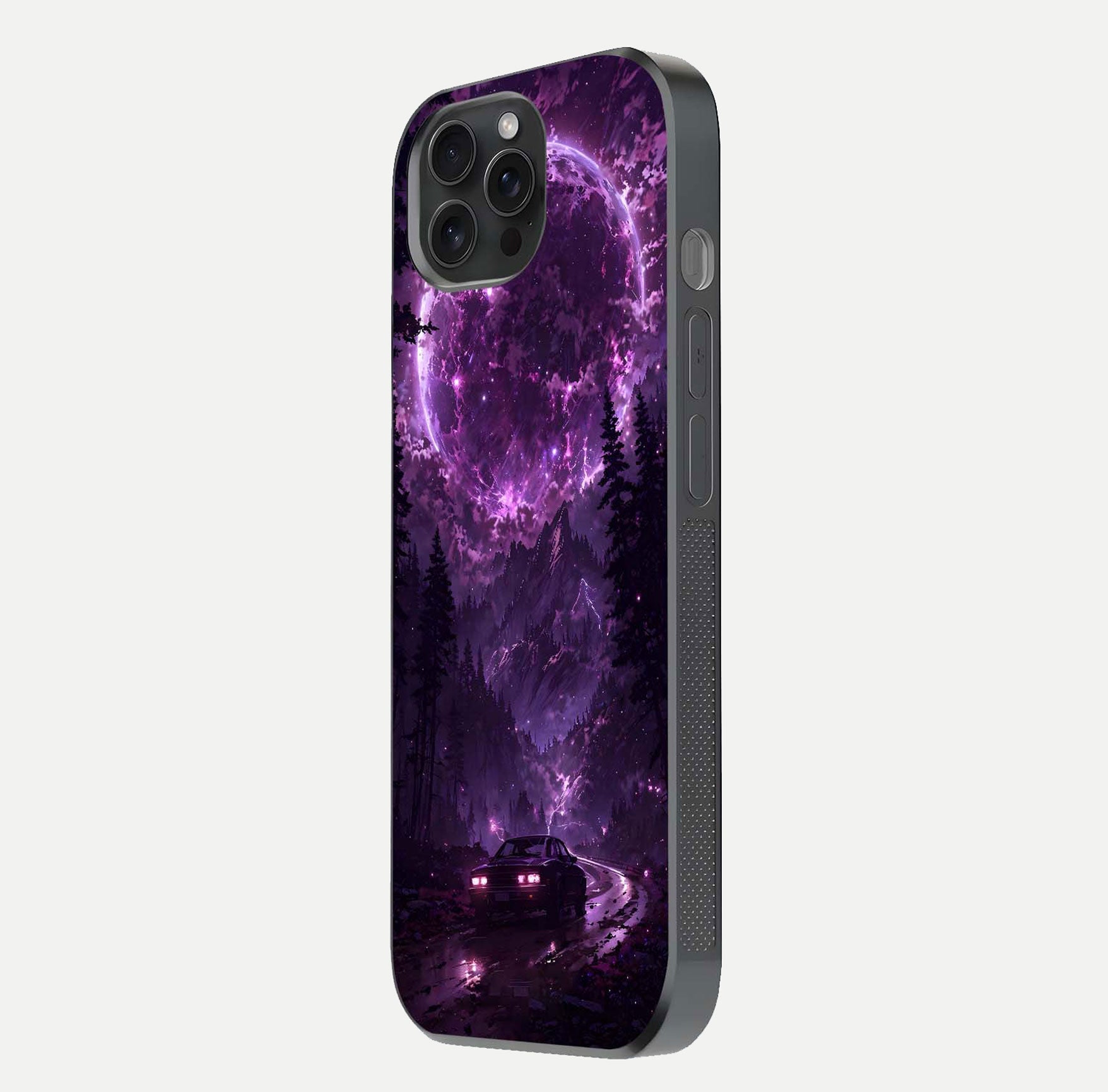 Eternal Cosmic Drive Glass Case for iPhone 15 Pro side-angle image showing reflection texture and color contrast