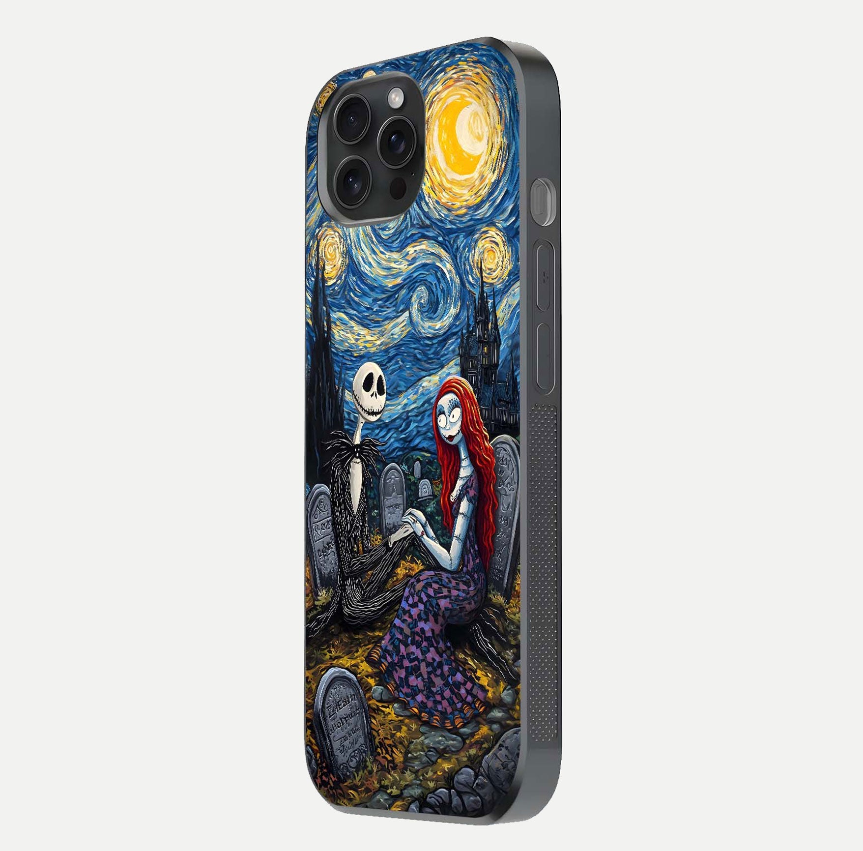 Eternal Night Love Glass Case for iPhone 15 Pro side-angle photo showing edge shine and soft reflection