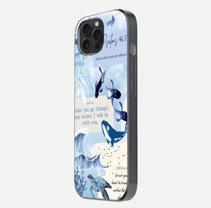 Faithful Ocean Promise Glass Case for iPhone 15 Pro side-angle photo showing reflection glow and color clarity