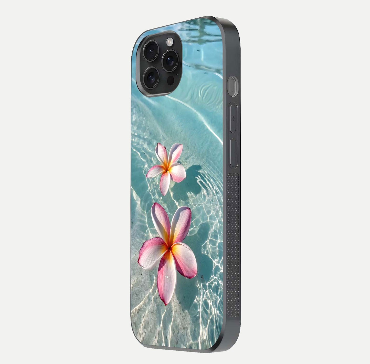 Floating Bloom Bliss Glass Case for iPhone 15 Pro side-angle photo showing smooth reflection and elegant curve