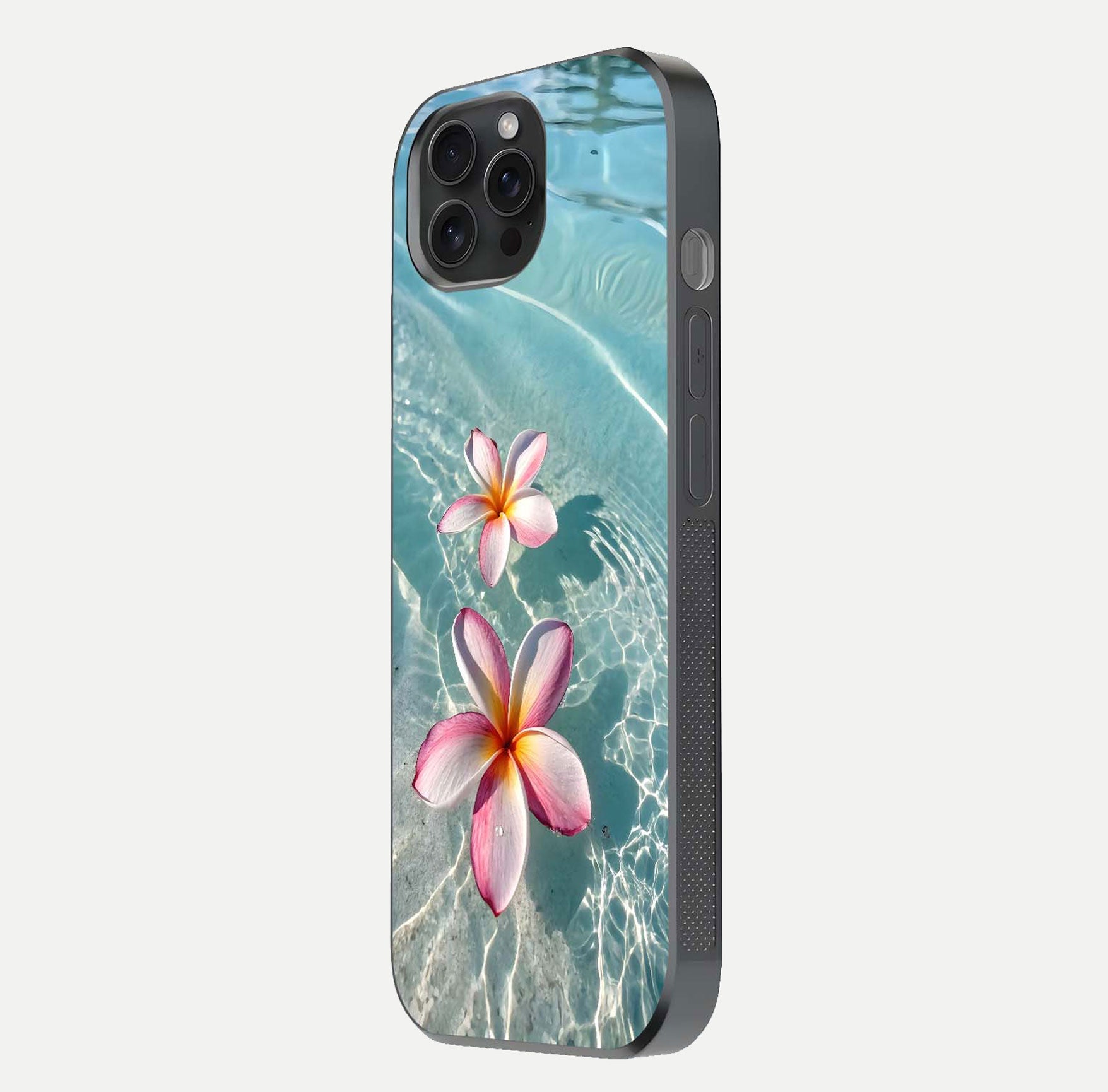 Floating Bloom Bliss Glass Case for iPhone 15 Pro side-angle photo showing smooth reflection and elegant curve