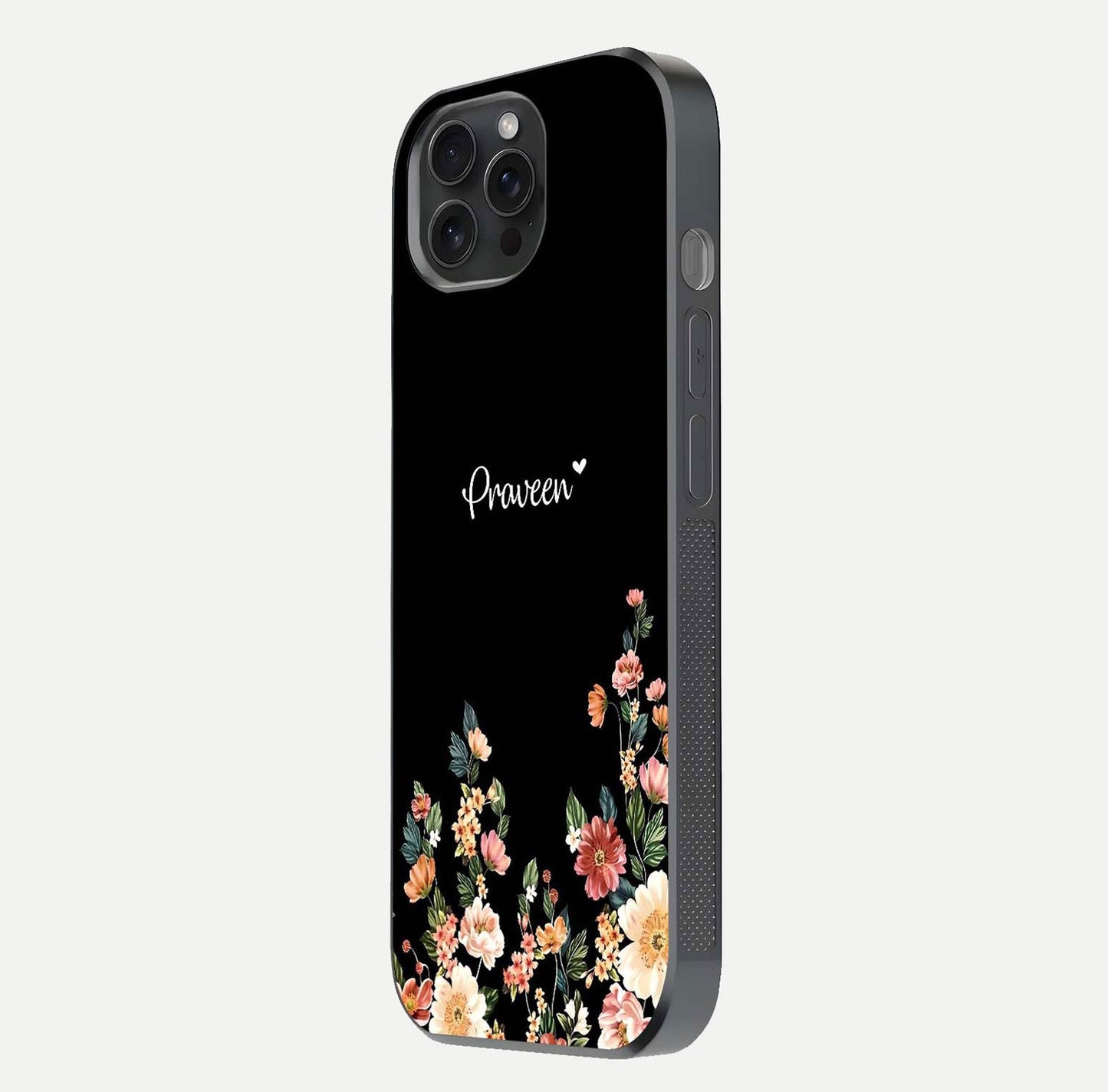 Floral Design Personalized Custom Name Glass Case for iPhone 15 Pro side-angle image showing name alignment and gloss shine