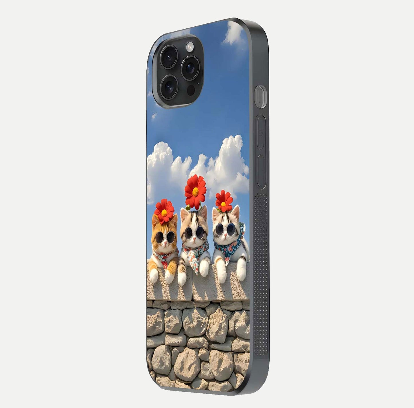 Floral Kitty Squad Glass Case for iPhone 15 Pro side-angle photo showing reflection glow and polished surface