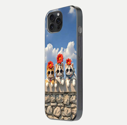 Floral Kitty Squad Glass Case for iPhone 15 Pro side-angle photo showing reflection glow and polished surface