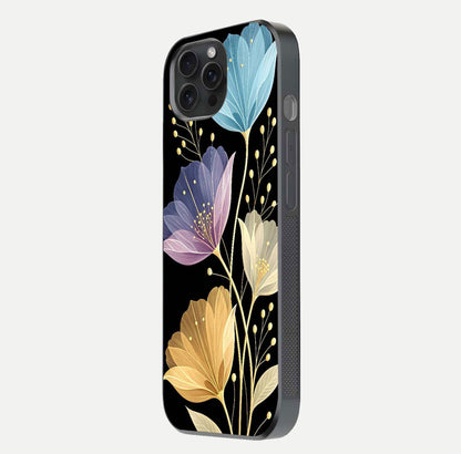 Flower Bloom Glow Glass Case for iPhone 15 Pro side-angle image capturing gloss reflection and flower glow
