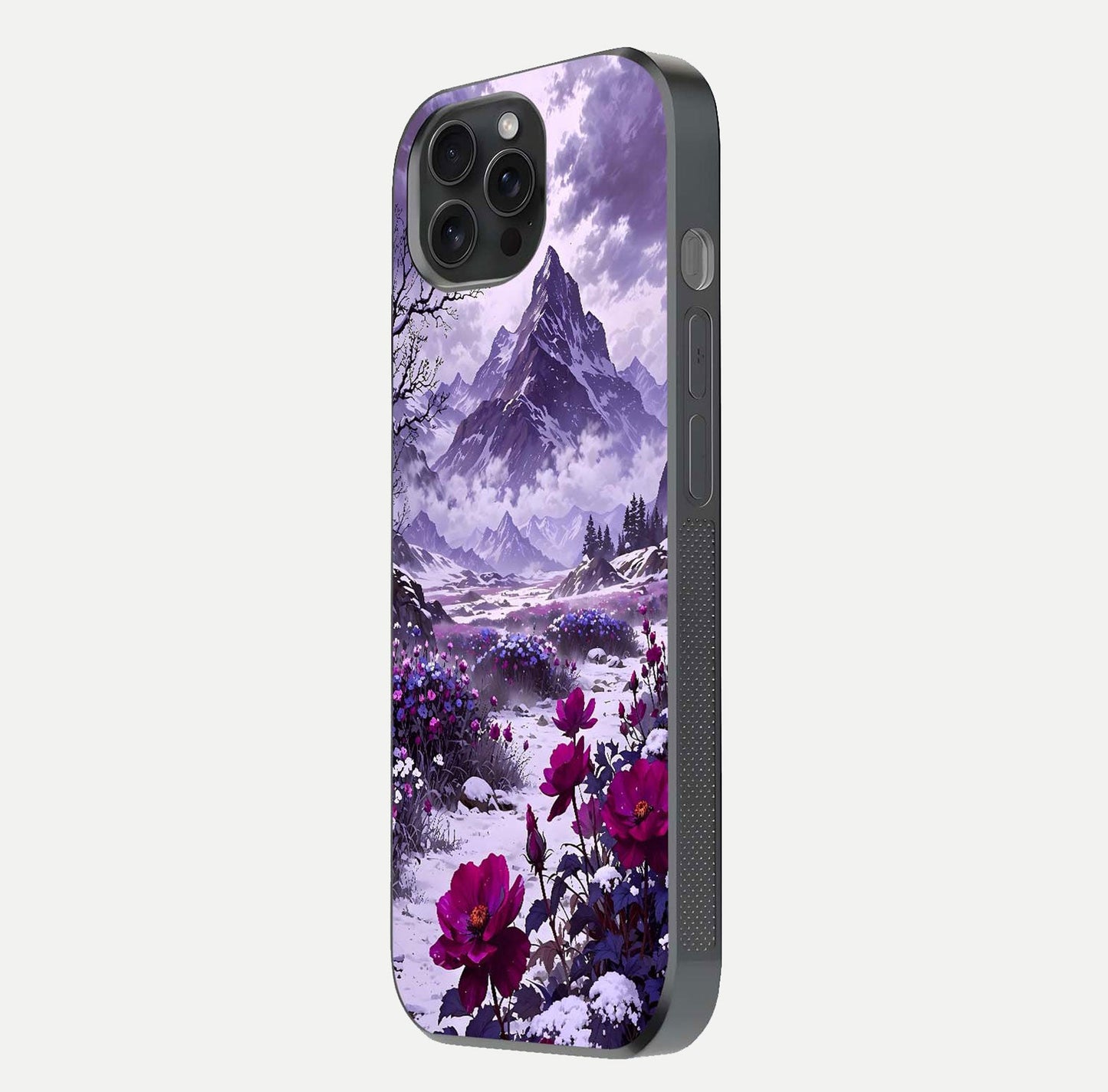 Flower Mountain View Glass Case for iPhone 15 Pro side-angle image showing gloss polish and smooth edge