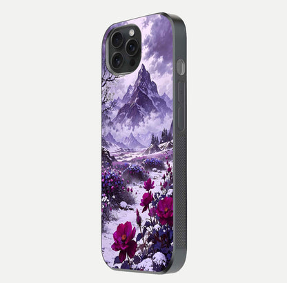 Flower Mountain View Glass Case for iPhone 15 Pro side-angle image showing gloss polish and smooth edge