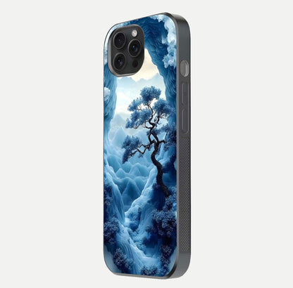 Frozen Serenity Gate Glass Case for iPhone 15 Pro side-angle photo showing reflective surface and cold tones