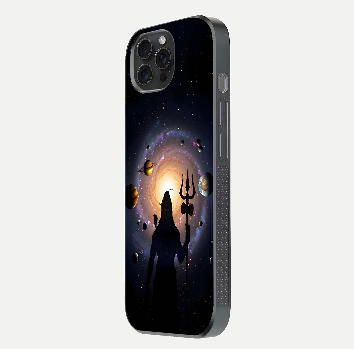 Galactic Shiva Vision Glass Case for iPhone 15 Pro side-angle image showing light reflection, glass edges, and spiritual cosmic theme