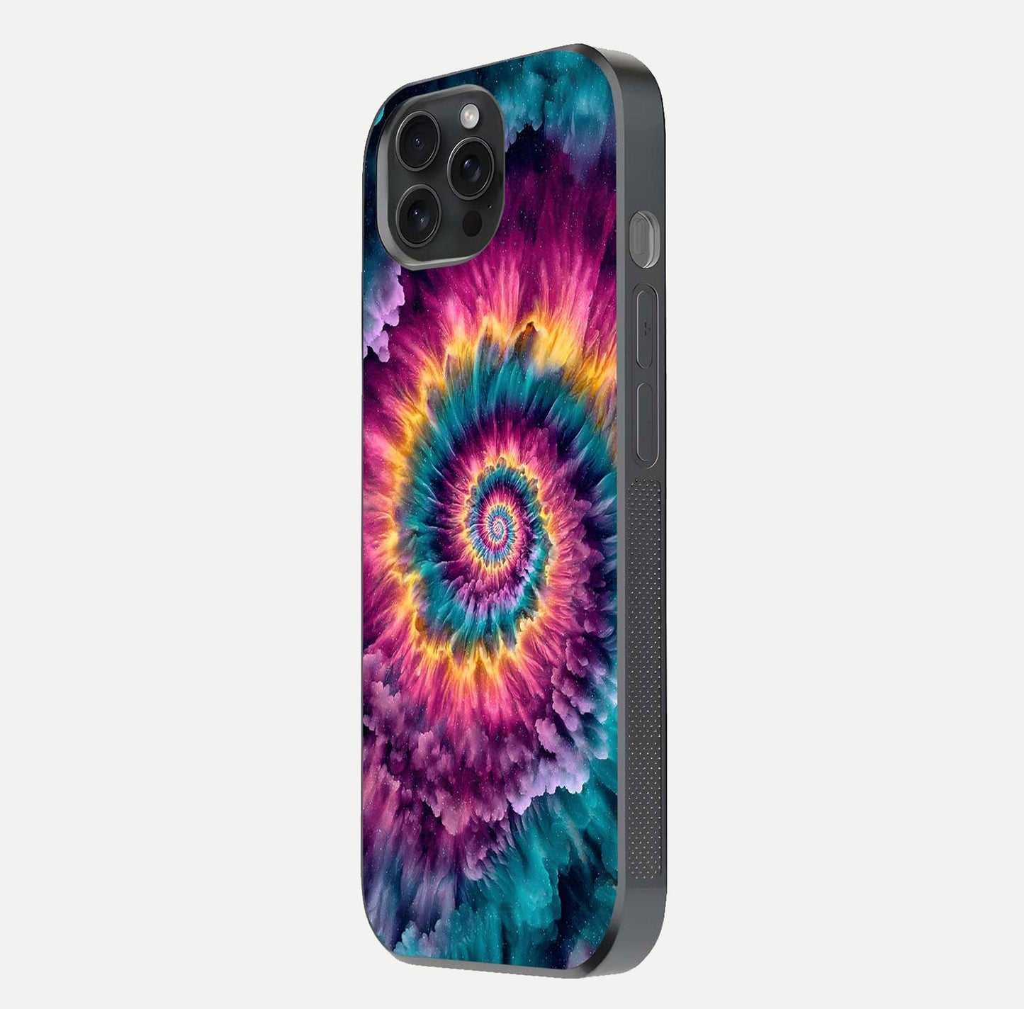 Galactic Spiral Burst Glass Case for iPhone 15 Pro side-angle image showing reflection clarity and vivid galactic texture