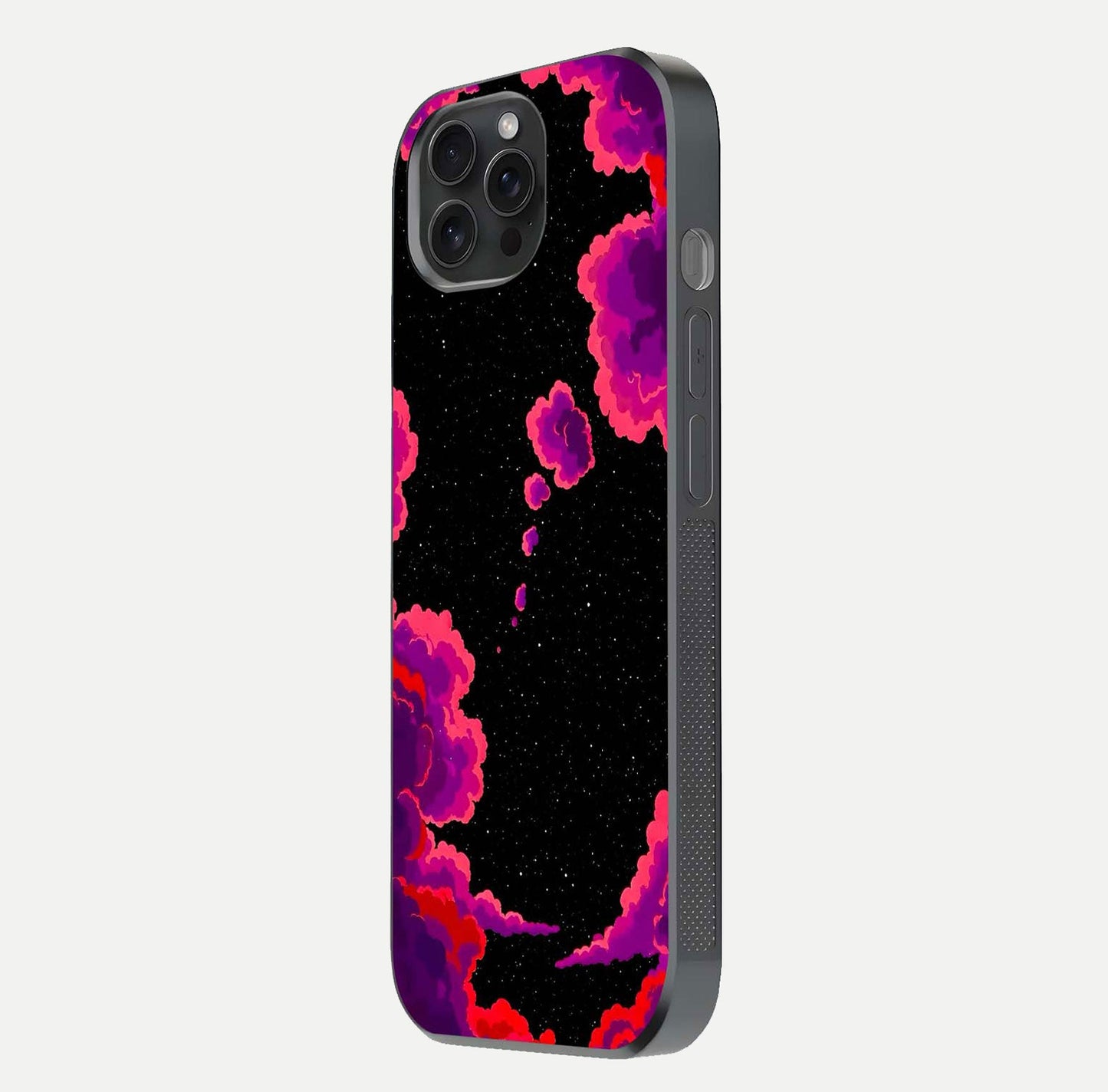 Galaxy Dream Frame Glass Case for iPhone 15 Pro side-angle image showing reflection light and premium finish