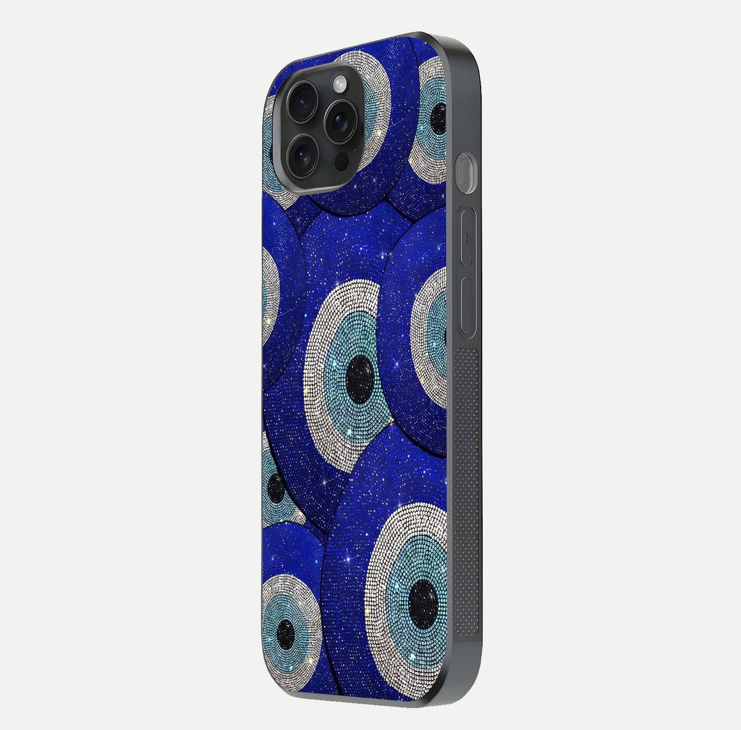 Galaxy Eye Flow Glass Case for iPhone 15 Pro side-angle image showing reflection detail and premium shine