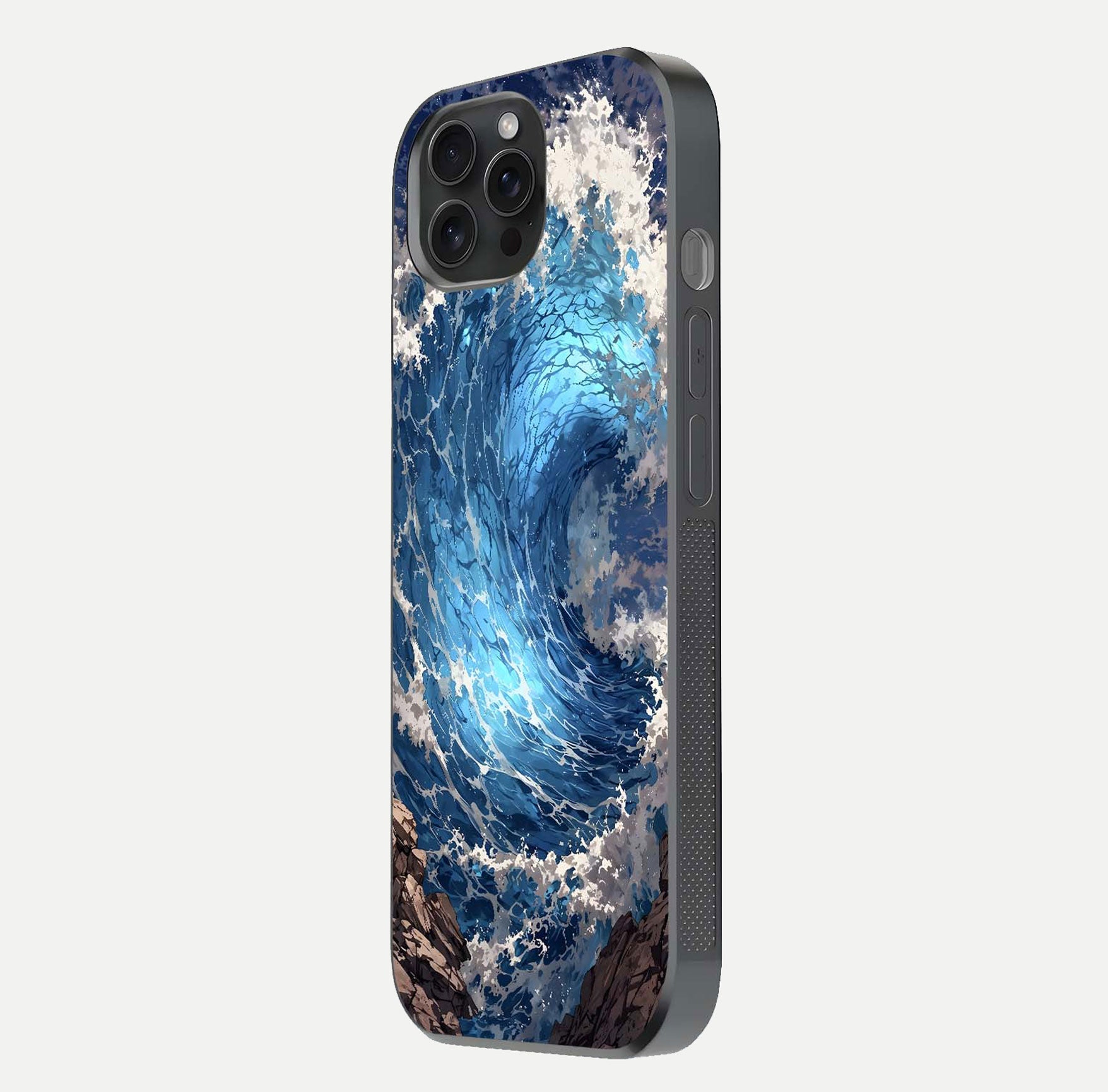 Giant Ocean Wave Glass Case for iPhone 15 Pro side-angle image showing light reflection and ocean detail