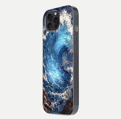 Giant Ocean Wave Glass Case for iPhone 15 Pro side-angle image showing light reflection and ocean detail