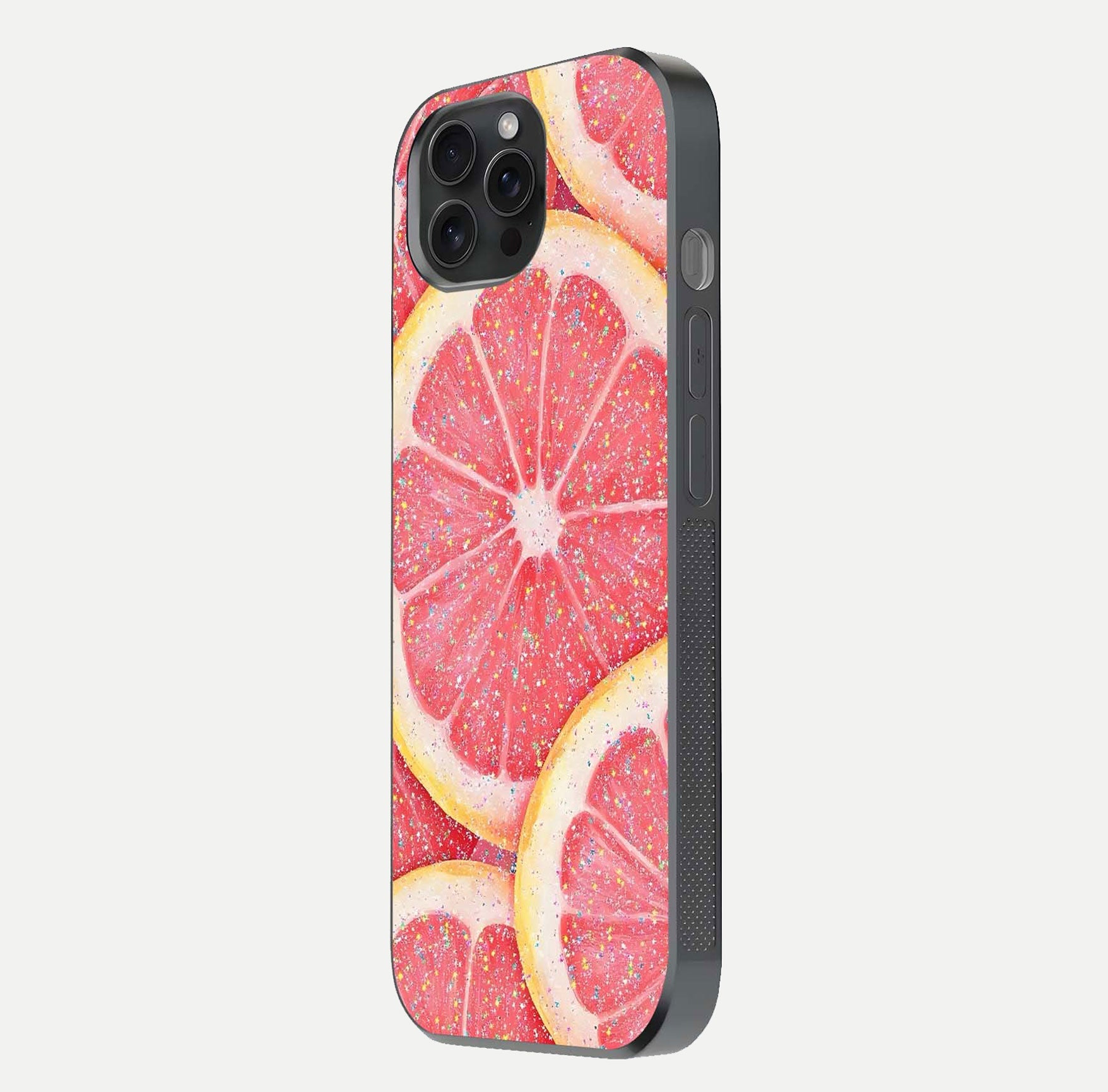 Glitter Grapefruit Glass Case for iPhone 15 Pro side-angle image showing reflection glow and polished edges