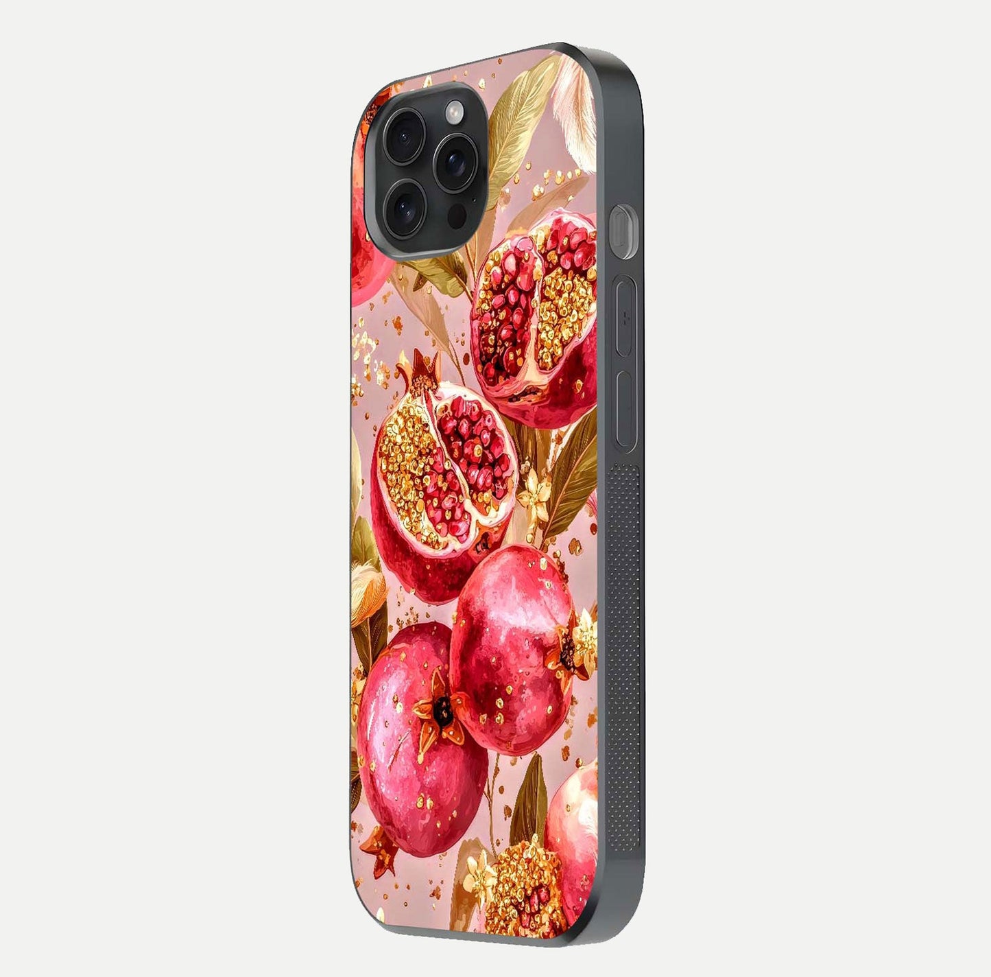 Golden Bloom Glow Glass Case for iPhone 15 Pro side-angle image showing light reflection, gloss texture, and rich tone