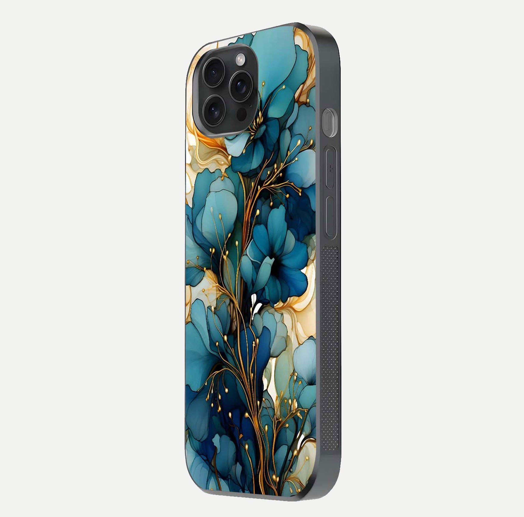 Golden Bloom Symphony Glass Case for iPhone 15 Pro side-angle image showing golden glow, light reflection, and premium surface