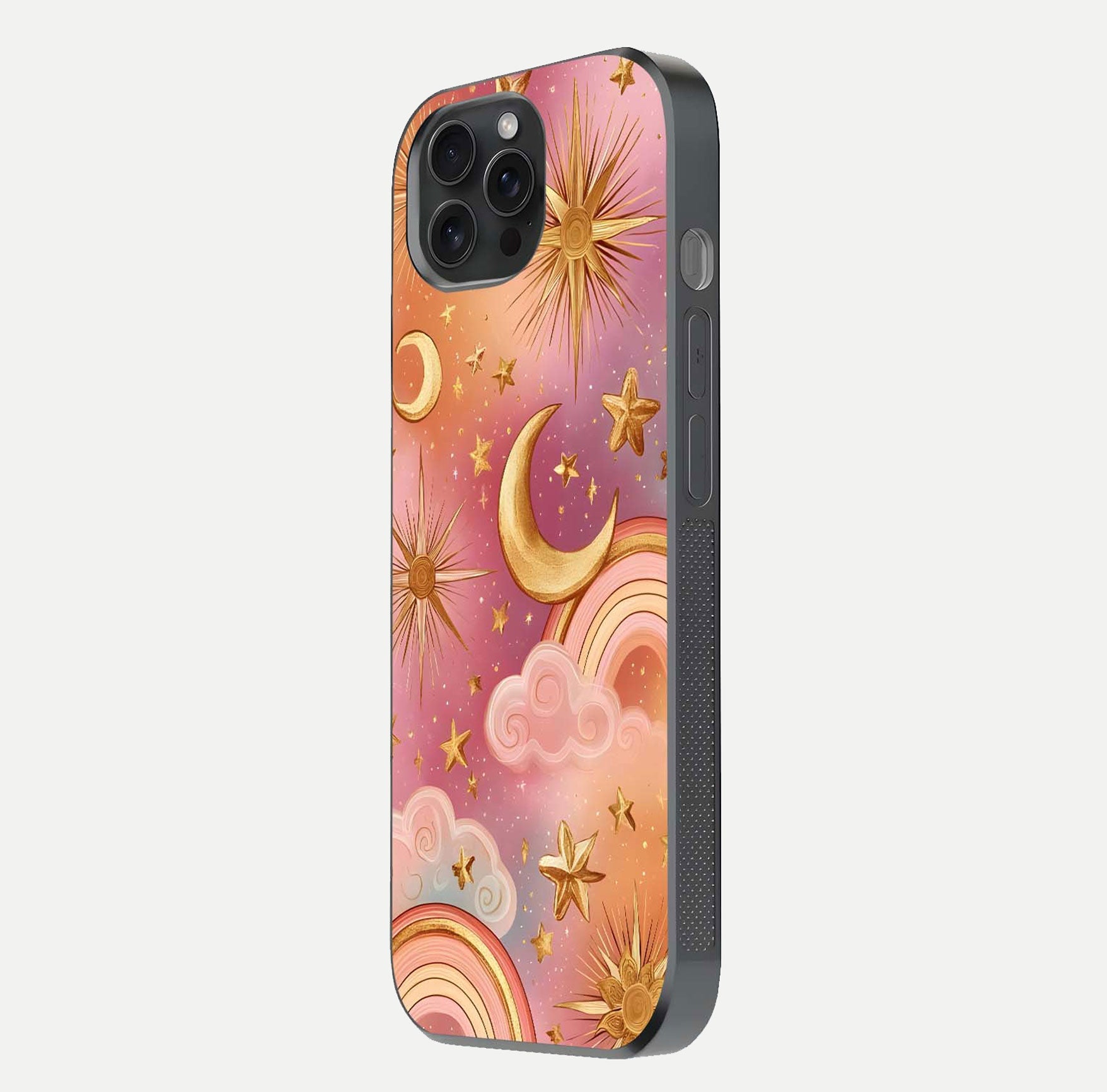 Golden Celestial Dreams Glass Case for iPhone 15 Pro side-angle image capturing reflection brightness and starry detail