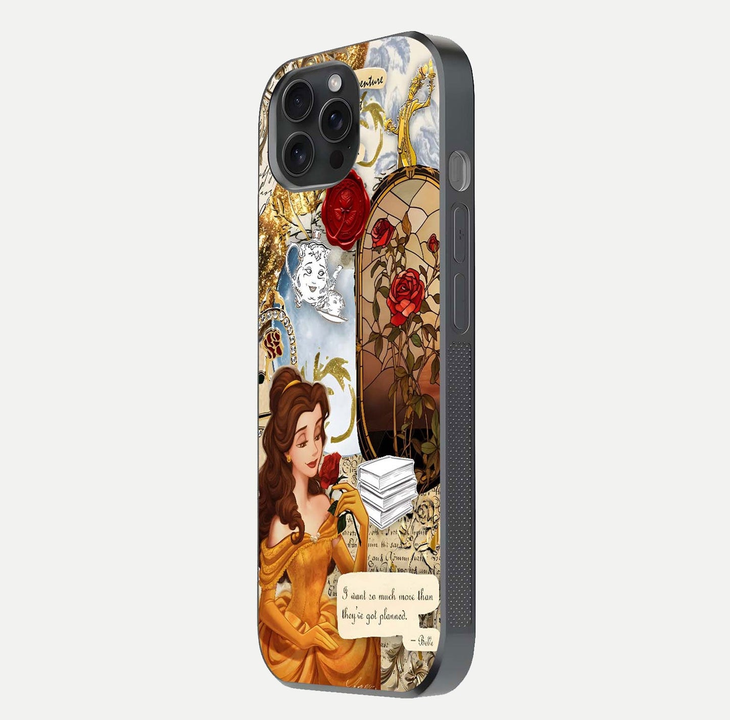 Golden Dream Belle Glass Case for iPhone 15 Pro side-angle image showing reflective edges and premium golden tint
