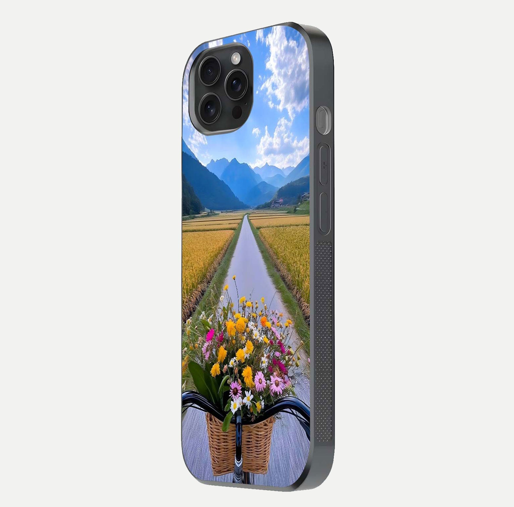 Golden Field Journey Glass Case for iPhone 15 Pro side-angle image showing golden glow, reflection shine, and curved edge