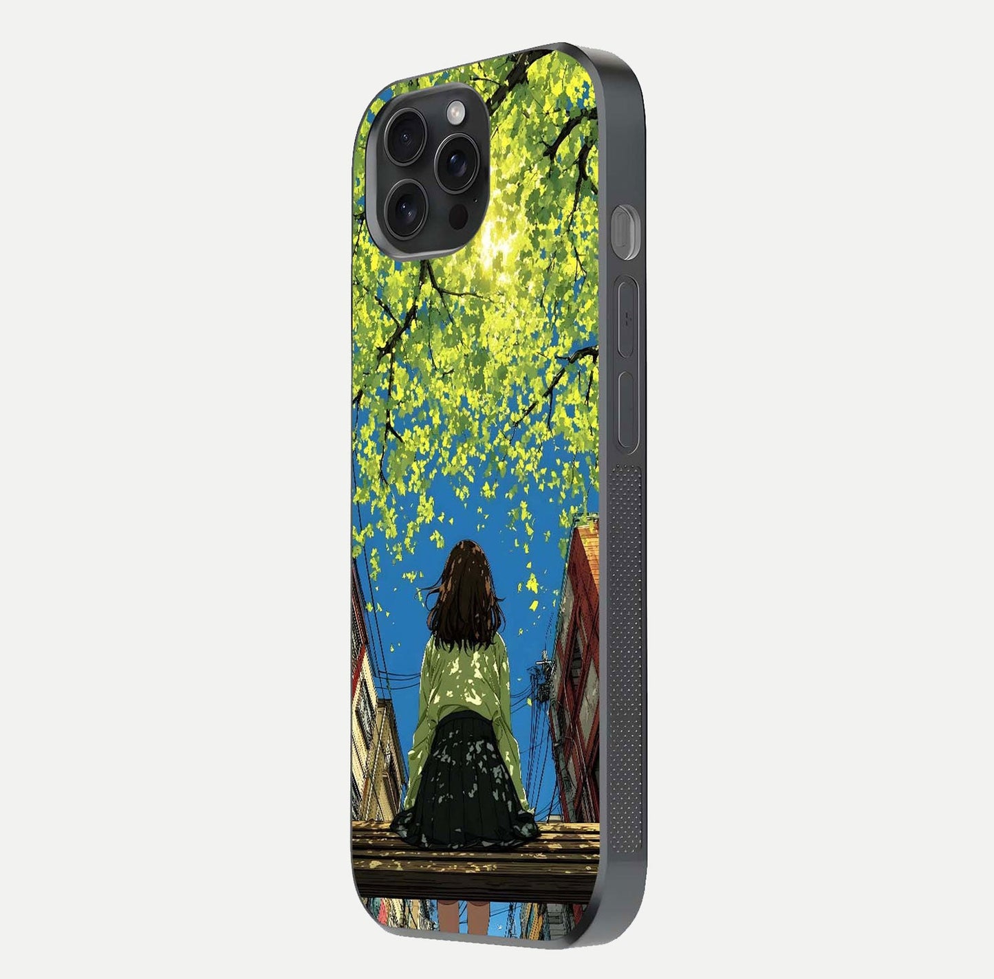 Golden Leaves Glow Glass Case for iPhone 15 Pro side-angle image showing reflection polish and elegant pattern