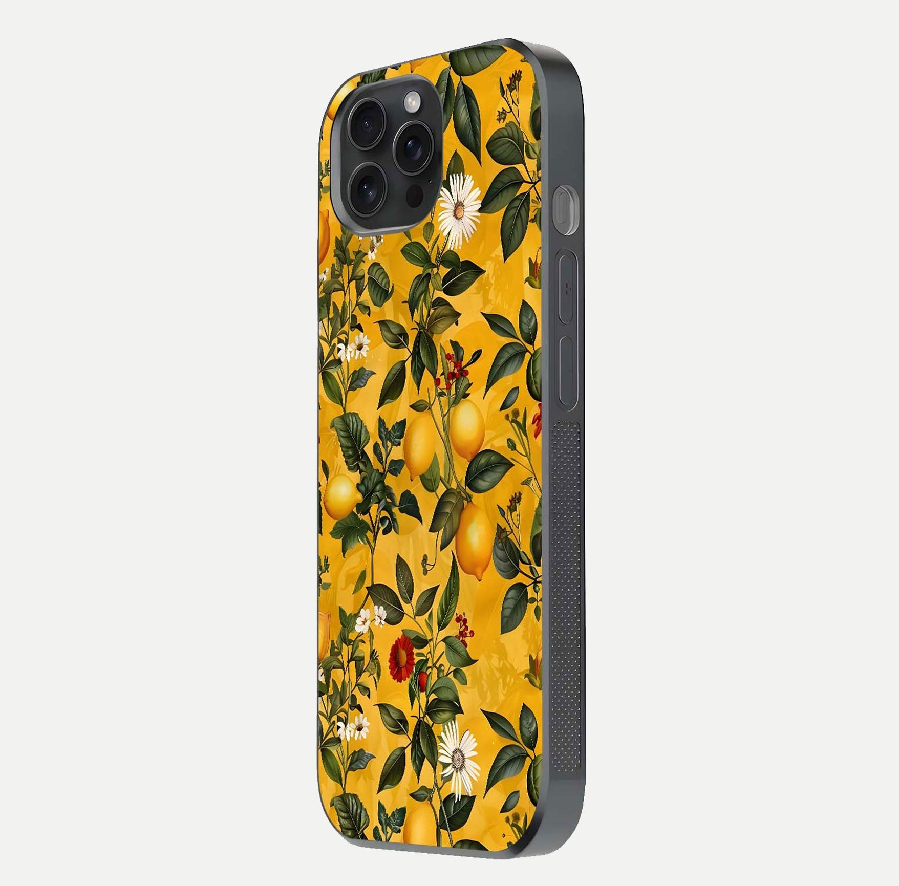 Golden Lemon Field Glass Case for iPhone 15 Pro side-angle image showing reflection clarity and juicy color tone