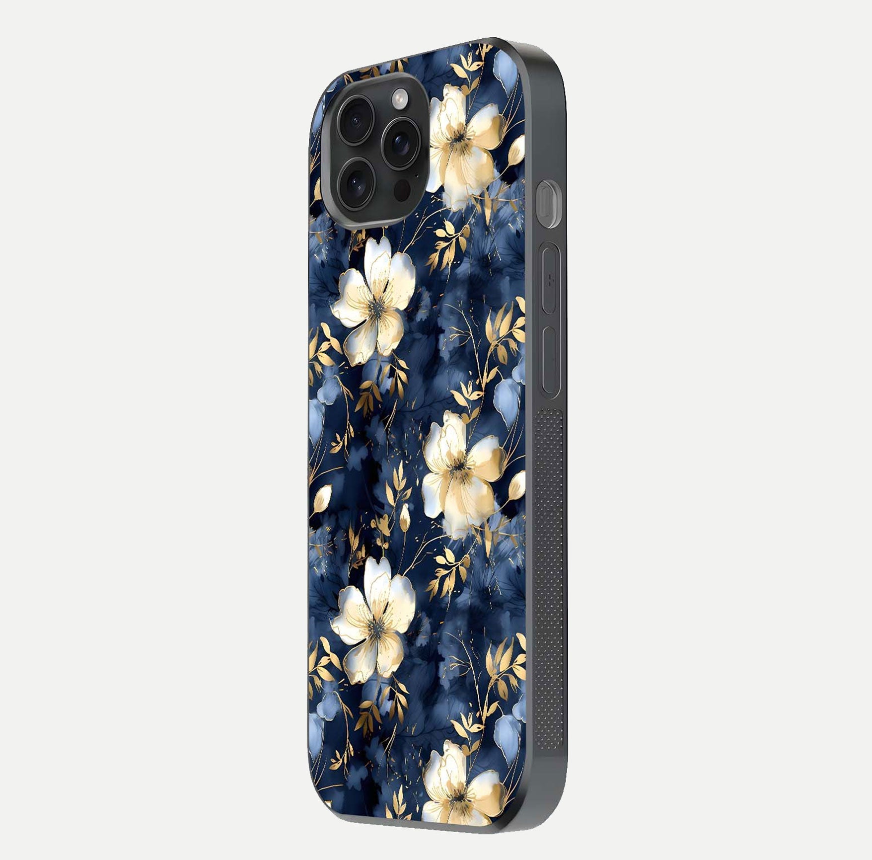 Golden Midnight Bloom Glass Case for iPhone 15 Pro side-angle image showing shine depth and elegant edge design