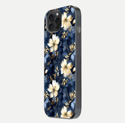 Golden Midnight Bloom Glass Case for iPhone 15 Pro side-angle image showing shine depth and elegant edge design