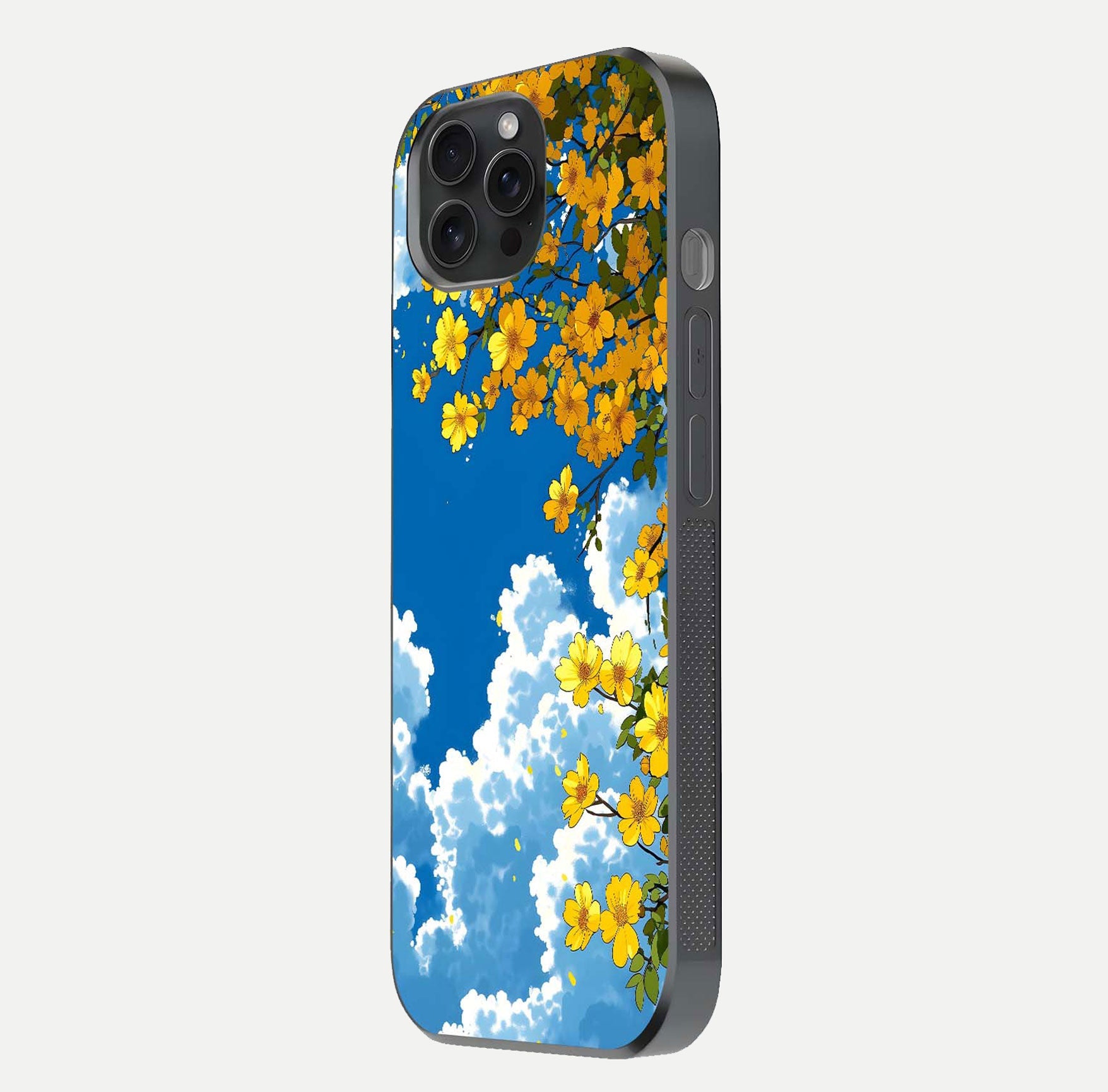 Golden Petal Sky Glass Case for iPhone 15 Pro side-angle image showing reflection depth and metallic floral tones