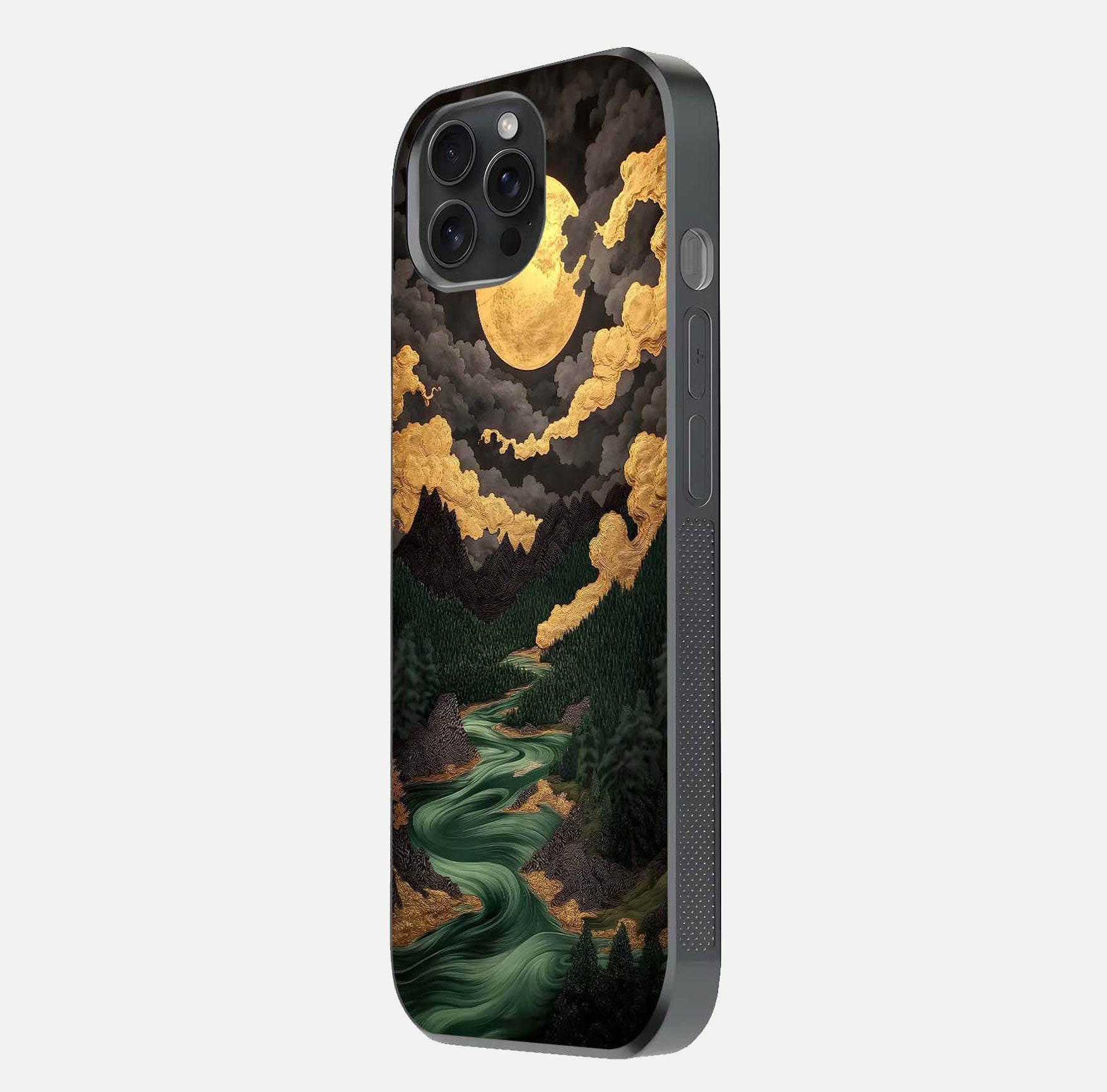 Golden River Moon Glass Case for iPhone 15 Pro side-angle image showing reflection clarity and detailed nightscape
