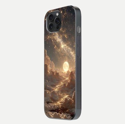 Golden Sky Dream Glass Case for iPhone 15 Pro side-angle image showing reflection shine and smooth surface