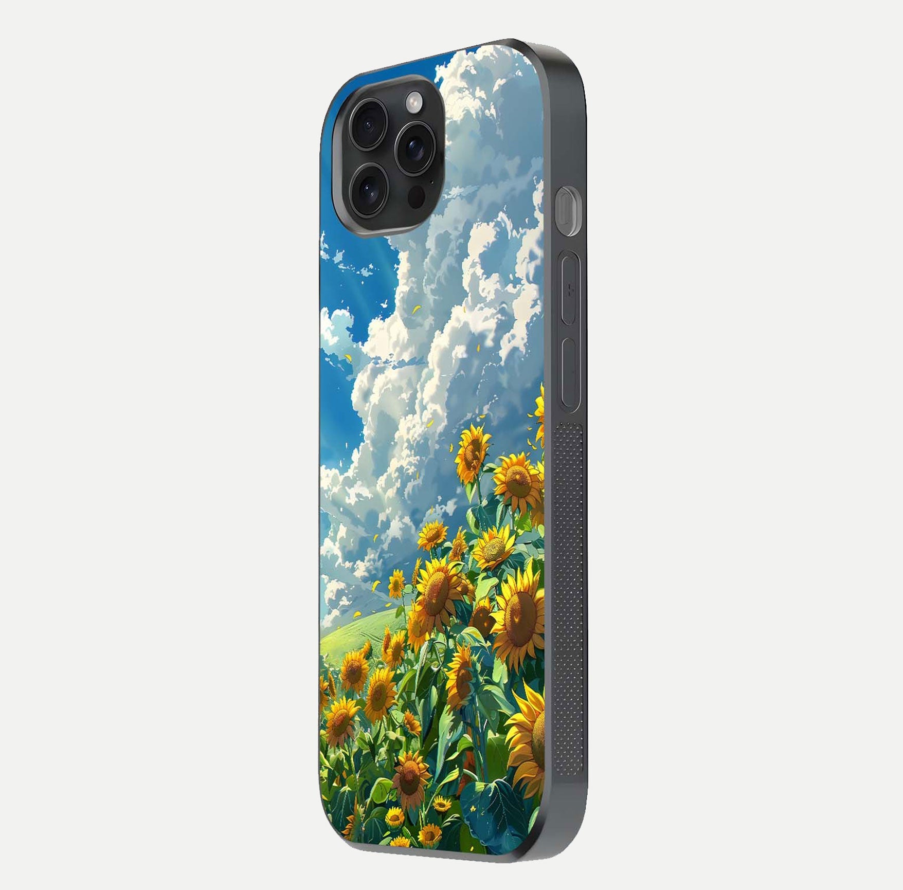 Golden Sun Glory Glass Case for iPhone 15 Pro side-angle image showing reflection glow and luminous texture