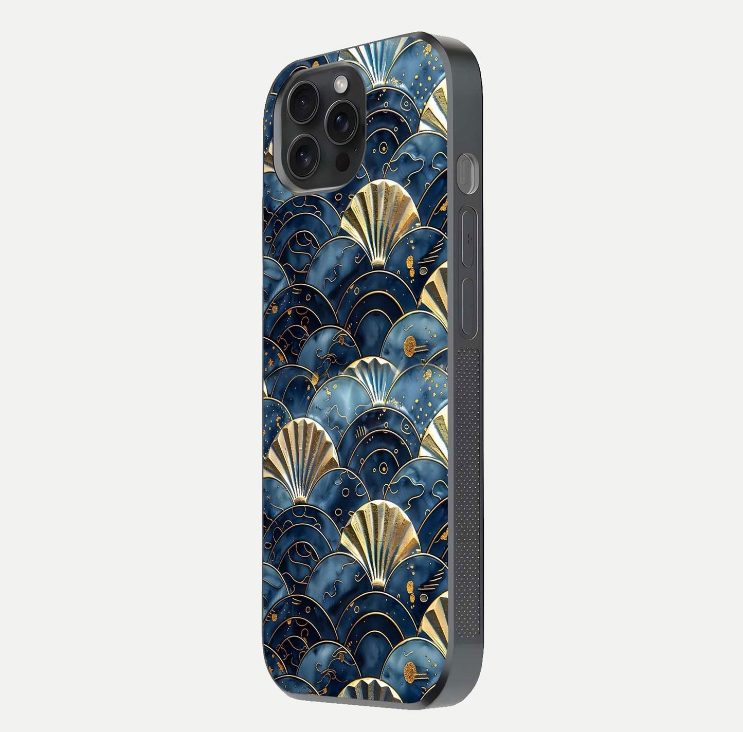 Golden Wave Luxe Glass Case for iPhone 15 Pro side-angle image showing reflection clarity and polished finish